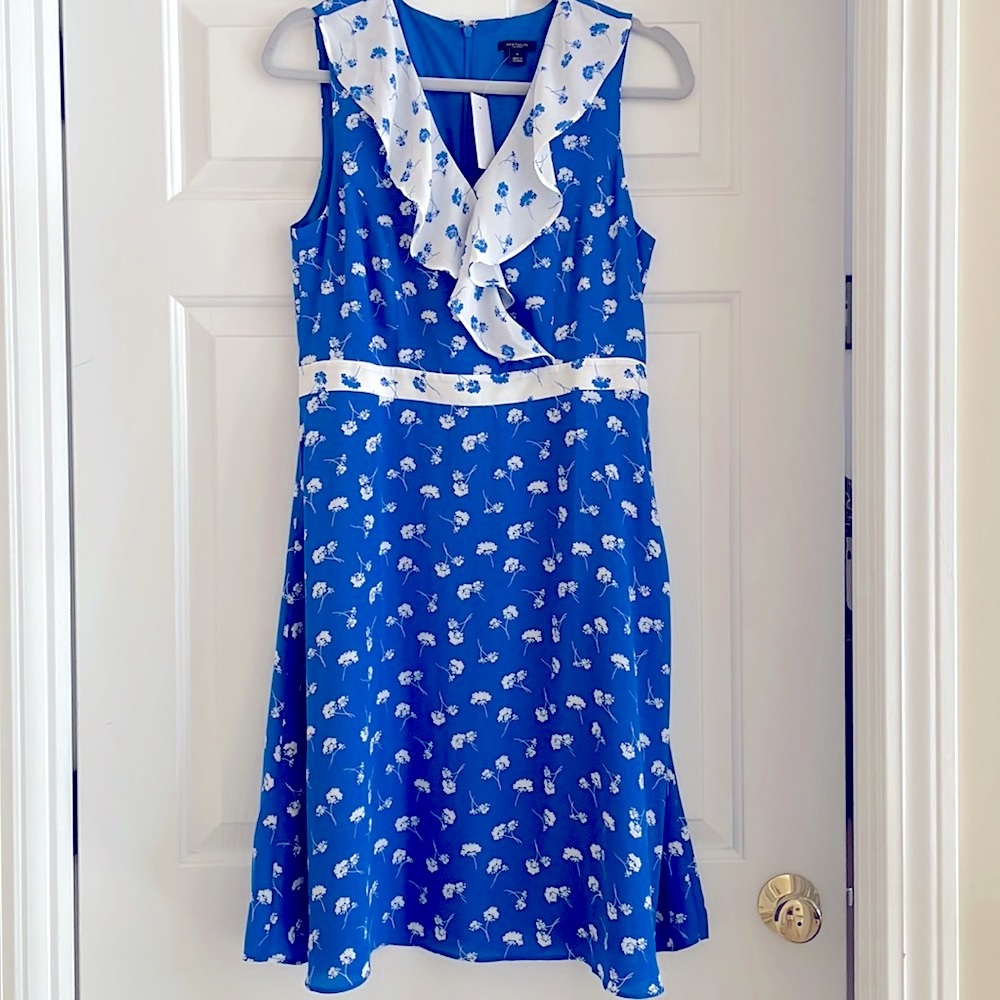 Ann Taylor Factory Royal Blue & White Floral and Ruffle Dress Size 6